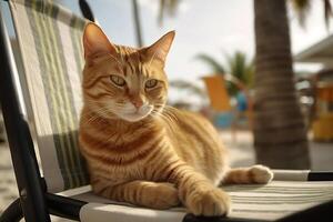 Ginger cat resting on beach chair. Cat tropical vacation. . photo