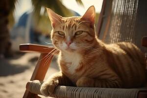 Ginger cat resting on beach chair. Cat tropical vacation. . photo