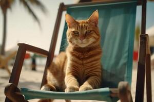 Ginger cat resting on beach chair. Cat tropical vacation. . photo