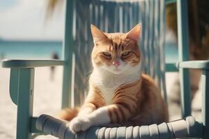 Ginger cat resting on beach chair. Cat tropical vacation. . photo