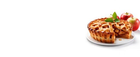 generative ai fresh baked apple pie food photography for promotion with white background and copy space photo