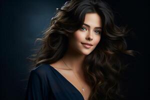 studio portrait of beautiful woman brunette on color background photo