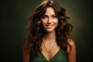 studio portrait of beautiful woman brunette on color background photo