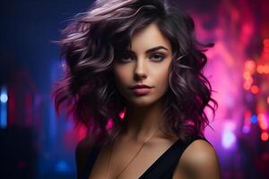 studio portrait of beautiful woman brunette on color background photo