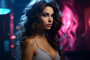 studio portrait of beautiful woman brunette on color background photo