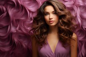 studio portrait of beautiful woman brunette on color background photo