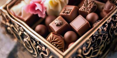 , , high angle view various kind of colorful chocolate cacao candies in luxury box, mixed flavor, bitter, milk, dark, bonbon, copy space, world chocolate day concept photo