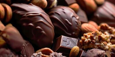 , , high angle view various kind of colorful chocolate cacao candies, mixed flavor, bitter and milk and dark, bonbon, with copy space, world chocolate day concept photo