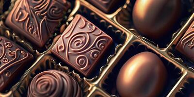 , , high angle view various kind of colorful chocolate cacao candies in luxury box, mixed flavor, bitter, milk, dark, bonbon, copy space, world chocolate day concept photo