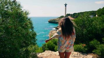 A woman standing on a cliff overlooking the ocean video