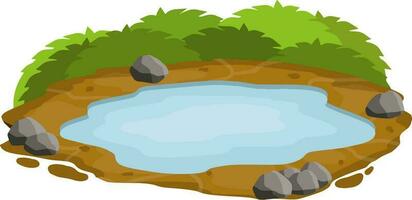 Pond and swamp, lake. Flat cartoon. Background for illustration. Landscape with grass, stones and bush. Element of nature and forest and water. Platform and ground vector