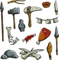 Set of items of primitive man and hunter. Weapons of caveman. Stone age hammer, axe and club, spear and animal bone. Lifestyle and tool. Cartoon illustration vector