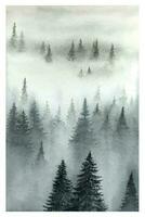 Hand drawn watercolor misty woods landscape. Watercolor foggy forest. vector