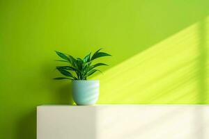 Green plant in a pot. Shelf with a plant in a white pot and green wall background. AI Generated photo