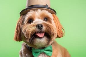 Yorkshire terrier in a hat. Portrait of a dog dressed as a leprechaun. AI generative photo