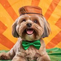 Yorkshire terrier in a hat. Portrait of a dog dressed as a leprechaun. AI generative photo