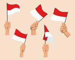 Collection of illustrations hands holding the Indonesian flag vector