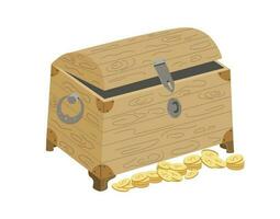 Chest  and coins. A wooden treasure chest. Wealth, pirate's gold. Vector illustration on white isolated background.