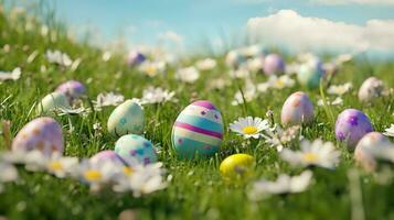 Easter eggs on grass. Spring meadow full of flowers and easter eggs still life. photo