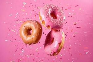 Pink glazed donuts in motion. High resolution. AI Generated photo