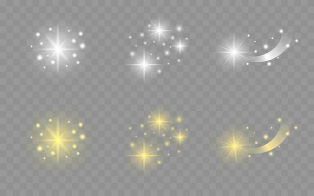 Set of the vibrant stars elements, starlight, light, spotlight. Glow isolated white and gold transparent light effect set, explosion, shiny glints, sunbeams
