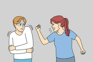 Aggressive woman scold lecture stressed man. Husband and wife fight and quarrel. Abusive female bullying male lover. Domestic violence concept. Vector illustration.