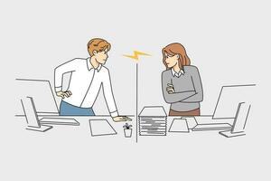 Unhappy diverse employees have misunderstanding or fight in office. Toxic difficult job situation among workers at workplace. Conflict negative work environment. Vector illustration.