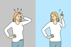 Confused young woman thinking and solving problem. Frustrated girl brainstorm and find solution. Dilemma and decision. Vector illustration.