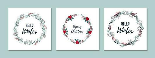 Set of Merry Christmas and Happy New Year botany wreaths. Vector illustration. Floral festive design for greeting cards, presents decoration, advent calendars, labels