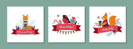 Set of Merry Christmas and Happy New Year greeting cards with cute animals. Vector illustration. Floral festive design for greeting cards, presents decoration, advent calendars, labels