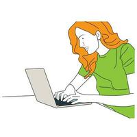 A businesswoman is sitting at a laptop. The girl is surfing the Internet or working at a computer. Vector single line hand drawing sketch illustration.