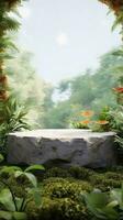 Tropical forest in the morning. Rock podium in tropical forest for product presentation. photo