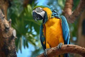 Blue and yellow macaw. Beautiful blue and gold macaw bird perched in a tree. photo