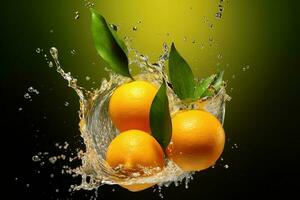 Orange and water splash. Water splashing on orange and leaves. Refreshing summer concept. photo