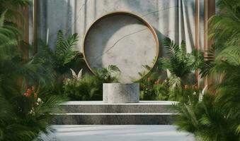 Stone arch in the garden. Podium design for product presentation. photo