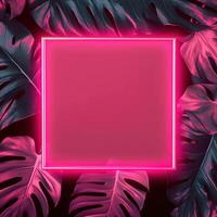 Background with a frame. Exotic tropical palm monstera leaves and neon luminous. photo