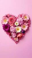 rosado corazón hecho de flores corazón forma hecho de primavera flores en rosado pastel antecedentes. ai generado foto