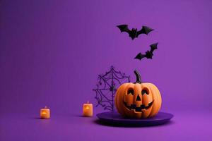 Halloween jack o lantern with pumpkin. Pumpkin with podium for product display. AI Generated photo