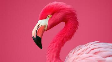 Close up of a pink flamingo. Pink flamingo in colored background. AI generative photo