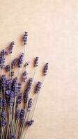 Bunch of lavender flowers. Lavender dry purple flowers. Minimal flat lay, copy space background. AI Generated photo