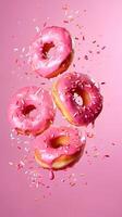 Pink glazed donuts in motion. High resolution. AI Generated photo