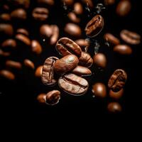 Coffee beans background Roasted falling or flying coffee beans on black background. AI Generated photo