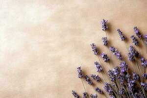 Bunch of lavender flowers. Lavender dry purple flowers. Minimal flat lay, copy space background. AI Generated photo