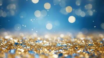 Background with bokeh. Abstract defocused gold and blue glitter background. AI Generated photo