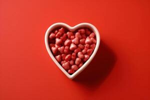 Heart shaped candies. Candy Cinnamon Hearts in Ceramic Heart. AI Generated photo