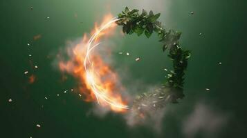 Abstract nature background. Smoke and leaves in motion made a glowing ring. photo