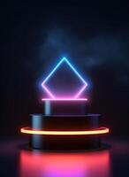 Background with a Triangle and Smoke. Glowing Futuristic Product Display Stand Podium. photo