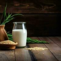 Bottle of milk and a glass. Jug of rice milk with rice plant and rice seed. photo