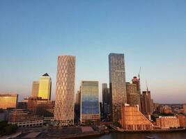 High Angle View of Canary Wharf Buildings at Central London City of England Great Britain. The Footage Was Captured on June 08th, 2023 During Clear Day. photo