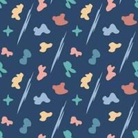 Abstract different multicolored spots pattern on blue background. Seamless vector pattern in cartoon and memphis style. Bright illustration for wrapping paper design, fabric print, nursery wallpaper